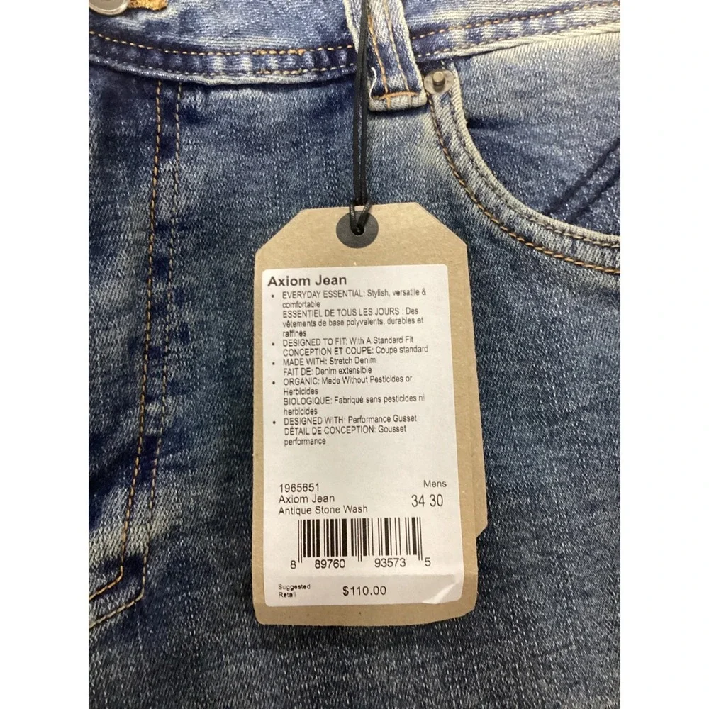 Prana Axiom Straight Leg Mens Jeans 34x30 Antique Stone Wash Organic Denim NWT